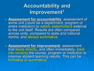  Assessment for accountability: assessment of
some unit (could be a department, program or
entire institution) to satisfy stakeholders external
to the unit itself. Results are often compared
across units, compared to state and national
norms, and always summative.
 Assessment for improvement: assessment
that feeds directly, and often immediately, back
into revising the course, program or institution to
improve student learning results. This can be
formative or summative.
Accountability and
Improvement1
 