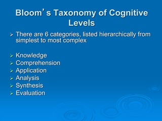 Bloom’s Taxonomy of Cognitive
Levels
 There are 6 categories, listed hierarchically from
simplest to most complex
 Knowledge
 Comprehension
 Application
 Analysis
 Synthesis
 Evaluation
 