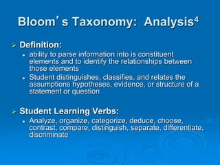Bloom’s Taxonomy: Analysis4
 Definition:
 ability to parse information into is constituent
elements and to identify the relationships between
those elements
 Student distinguishes, classifies, and relates the
assumptions hypotheses, evidence, or structure of a
statement or question
 Student Learning Verbs:
 Analyze, organize, categorize, deduce, choose,
contrast, compare, distinguish, separate, differentiate,
discriminate
 