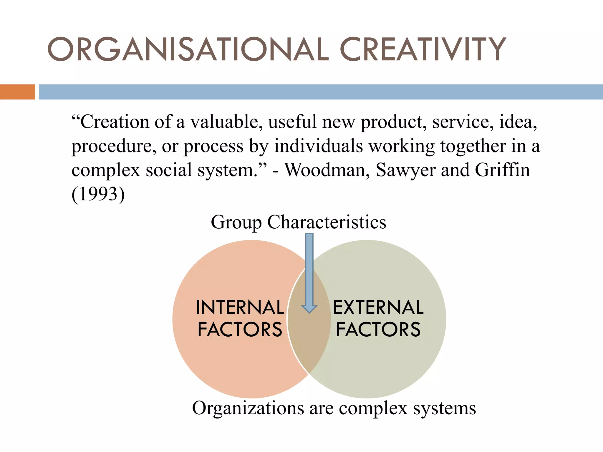 ORGANISATIONAL CREATIVITY
INTERNAL
FACTORS
EXTERNAL
FACTORS
“Creation of a valuable, useful new product, service, idea,
procedure, or process by individuals working together in a
complex social system.” - Woodman, Sawyer and Griffin
(1993)
Organizations are complex systems
Group Characteristics
 