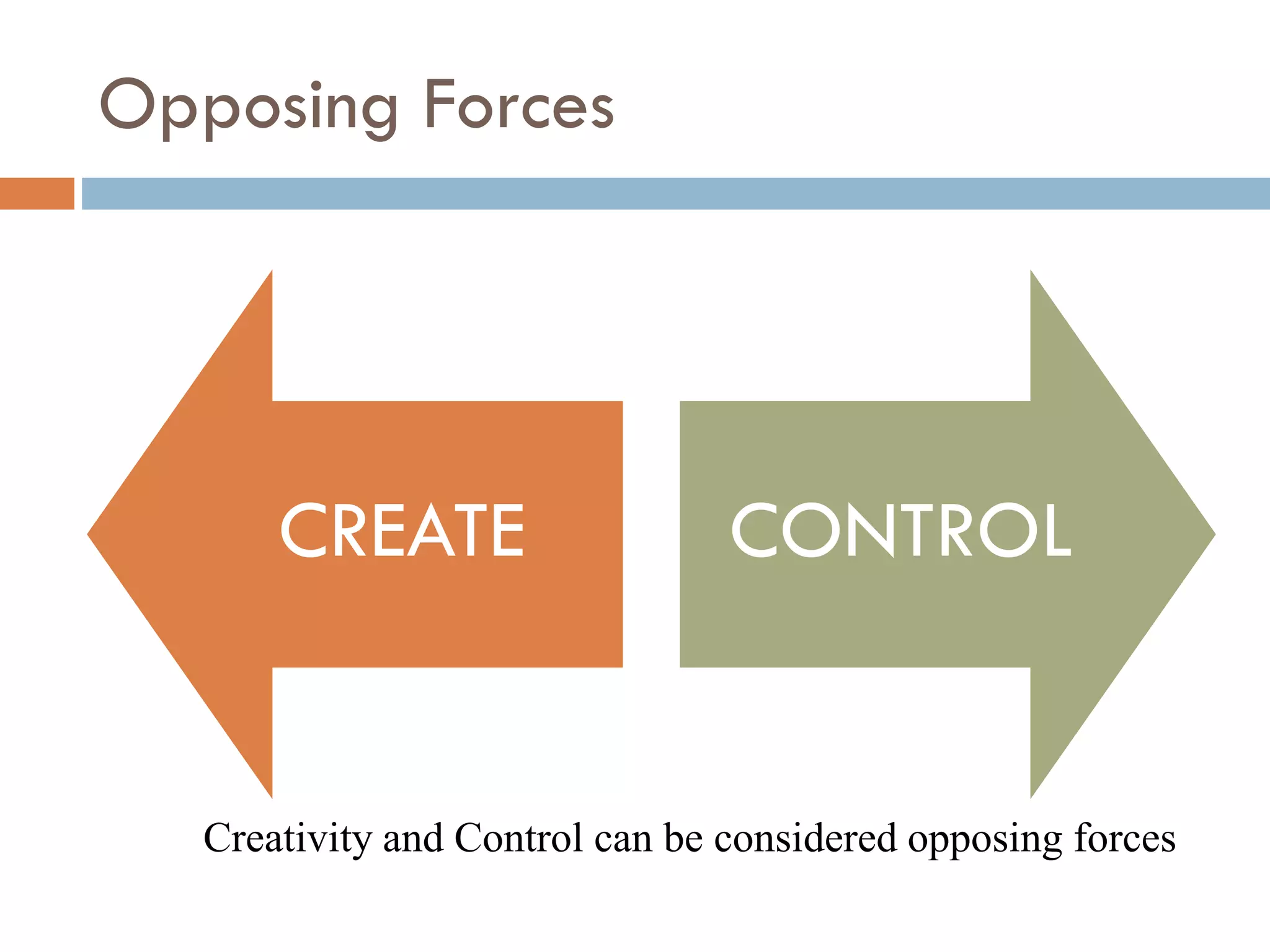 Opposing Forces
CREATE CONTROL
Creativity and Control can be considered opposing forces
 