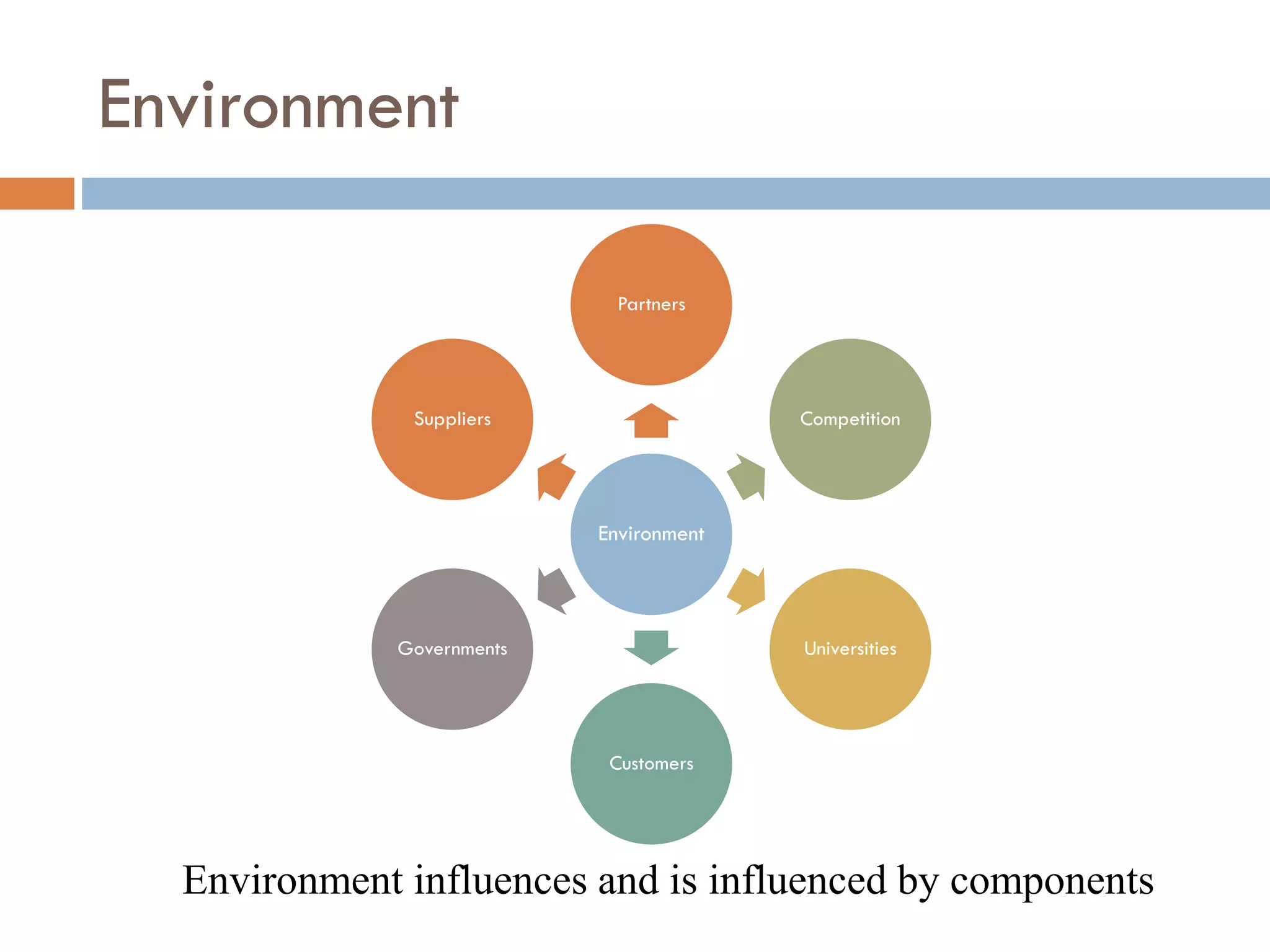 Environment
Environment
Partners
Competition
Universities
Customers
Governments
Suppliers
Environment influences and is influenced by components
 