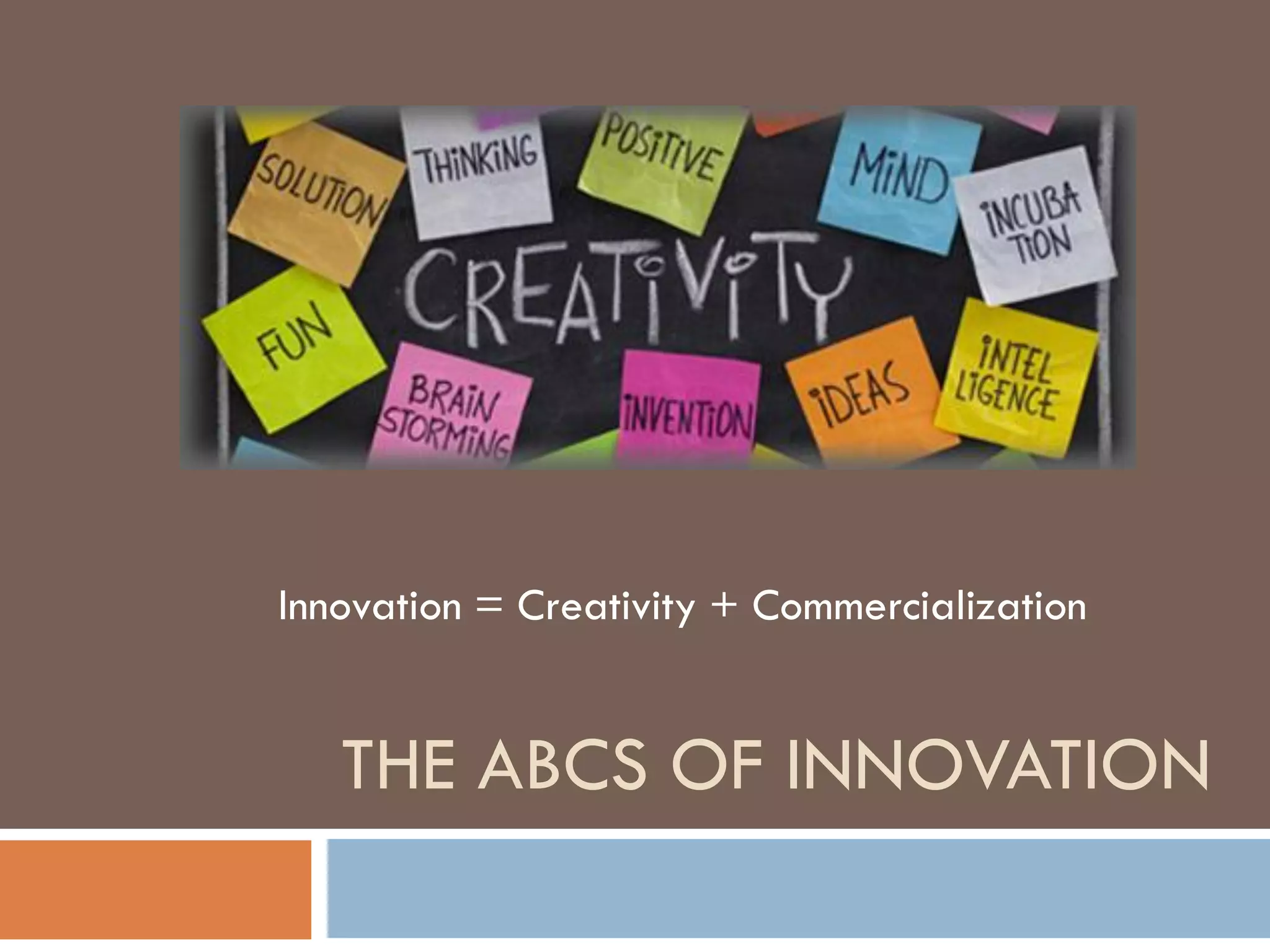 THE ABCS OF INNOVATION
Innovation = Creativity + Commercialization
 