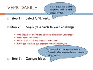 VERB DANCE
 Step 1: Select ONE Verb.
 Step 2: Apply your Verb to your Challenge
 Who should we INSPIRE to solve our Innovation Challenge?
 What needs INSPIRING?
 WHAT form would the INSPIRATION TAKE?
 HOW can we solve our problem with INSPIRATION?
 Step 3: Capture ideas
How might we enable
people to make a mid
career switch
Showcase the courageous stories
of people who have switched careers
using posters.
 