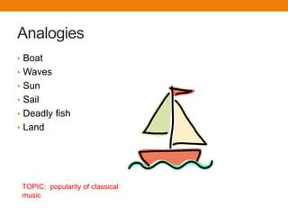 Analogies
• Boat
• Waves
• Sun
• Sail
• Deadly fish
• Land




 TOPIC: popularity of classical
 music
 