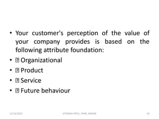 • Your customer's perception of the value of
your company provides is based on the
following attribute foundation:
• Organizational
• Product
• Service
• Future behaviour
12/14/2020 50JITENDRA PATEL, PIMR, INDORE
 