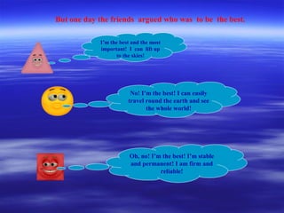 But one day the friends argued who was to be the best.
I’m the best and the most
important! I can lift up
to the skies!
No! I’m the best! I can easily
travel round the earth and see
the whole world!
Oh, no! I’m the best! I’m stable
and permanent! I am firm and
reliable!
 
