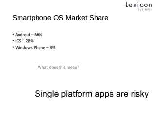 Smartphone OS Market Share
• Android – 66%
• iOS – 28%
• Windows Phone – 3%
What does this mean?
Single platform apps are risky
 