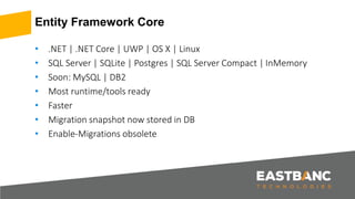 Entity Framework Core
• .NET | .NET Core | UWP | OS X | Linux
• SQL Server | SQLite | Postgres | SQL Server Compact | InMemory
• Soon: MySQL | DB2
• Most runtime/tools ready
• Faster
• Migration snapshot now stored in DB
• Enable-Migrations obsolete
 