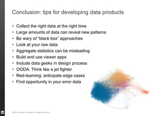 Conclusion: tips for developing data products

    Collect the right data at the right time
    Large amounts of data can reveal new patterns
    Be wary of “black box” approaches
    Look at your raw data
    Aggregate statistics can be misleading
    Build and use viewer apps
    Include data geeks in design process
    OODA: Think like a jet fighter
    Red-teaming: anticipate edge cases
    Find opportunity in your error data




©2012 LinkedIn Corporation. All Rights Reserved.
 
