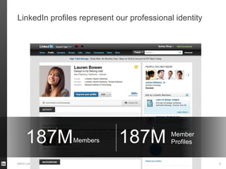 LinkedIn profiles represent our professional identity




                                 1                             2




       187M                                        Members   187M   Member
                                                                    Profiles


©2012 LinkedIn Corporation. All Rights Reserved.                               5
 