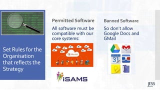 Set Rules for the
Organisation
that reflects the
Strategy
Permitted Software
All software must be
compatible with our
core systems:
Banned Software
So don’t allow
Google Docs and
GMail
 