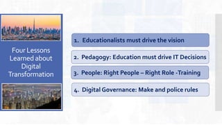 Four Lessons
Learnedabout
Digital
Transformation
4. Digital Governance: Make and police rules
2. Pedagogy: Education must drive IT Decisions
3. People: Right People – Right Role -Training
1. Educationalists must drive the vision
 
