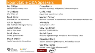 Roundtable Q&A Speakers
Ian Phillips
Chair ISC Digital Strategy Group
Emma Darcy
Director of Technology, Denbigh High/Chiltern Learning Trust
Ty Goddard
Chair EdTech UK
Claire Jones
Deputy Head, Layton Primary School
Mark Steed
Principal & CEO, The Kellett School
Neelam Parmar
Director of Educational Technology Digital Learning & Innovation in Ashford School
Alison Peacock
CEO, The Chartered College of Teaching
Jon Neale
Teacher, Halcyon School
Abdul Chohan
Director, ThinkSimple
Gary Henderson
Director of IT, Millfield School
Mark Martin
Teacher, @UrbanTeacher
Rachel Evans
Director of Digital Learning & Innovation at Wimbledon High School
Stuart Walker
Head of Education UK & Ireland, Intel
Caroline Keep
Teacher & Director of MakerSpace, Penketh High School
Geoffrey Fowler
Principal, London Design & Engineering UTC
 