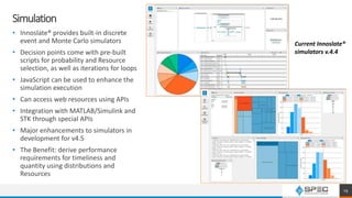Simulation
• Innoslate® provides built-in discrete
event and Monte Carlo simulators
• Decision points come with pre-built
scripts for probability and Resource
selection, as well as iterations for loops
• JavaScript can be used to enhance the
simulation execution
• Can access web resources using APIs
• Integration with MATLAB/Simulink and
STK through special APIs
• Major enhancements to simulators in
development for v4.5
• The Benefit: derive performance
requirements for timeliness and
quantity using distributions and
Resources
Current Innoslate®
simulators v.4.4
19
 