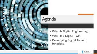 Agenda
• What Is Digital Engineering
• What Is a Digital Twin
• Developing Digital Twins in
Innoslate
2
 