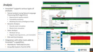 Analysis
• Innoslate® supports various types of
analyses:
• Textual analysis (using Natural Language
Processing (NLP) algorithms)
• Requirements quality analysis
• Traceability assistance
• Modeling heuristics (Intelligence View)
• Dynamic Analysis
• Discrete event simulation
• Monte Carlo simulation
• Static Analysis
• Attribute roll-up
• Diagram warnings (errors, unit mismatch)
• Risk and Cost Analysis
• Integration with other tools adds to
Innoslate®’s capabilities
• MathWorks® MATLAB/Simulink
• Ansys/AGI Systems Tool Kit (STK)
20
 