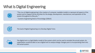 WhatIsDigitalEngineering
“The crux of digital engineering is the creation of computer readable models to represent all aspects of the
system and to support all the activities for the design, development, manufacture, and operation of the
system throughout its lifecycle. ”
~ Systems Engineering Book of Knowledge (SEBoK)
The Goal of Digital Engineering is to Develop Digital Twins
The digital twin is a high-fidelity model of the system which can be used to emulate the actual system. An
organization would be able to use a digital twin to analyze design changes prior to incorporating them into
the actual system.
6
 
