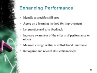 Enhancing Performance
• Identify a specific skill area
• Agree on a learning method for improvement
• Let practice and give feedback
• Increase awareness of the effects of performance on
others
• Measure change within a well-defined timeframe
• Recognize and reward skill enhancement
17
 