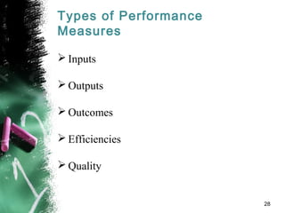 Types of Performance
Measures
 Inputs
 Outputs
 Outcomes
 Efficiencies
 Quality
28
 
