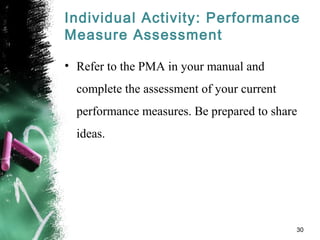 Individual Activity: Performance
Measure Assessment
• Refer to the PMA in your manual and
complete the assessment of your current
performance measures. Be prepared to share
ideas.
30
 