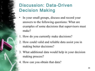 Discussion: Data-Driven
Decision Making
• In your small groups, discuss and record your
answers to the following questions: What are
examples of some decisions that supervisors must
make?
1. How do you currently make decisions?
2. How could valid and reliable data assist you in
making better decisions?
3. What additional data would help in your decision
making process?
4. How can you obtain that data?
34
 