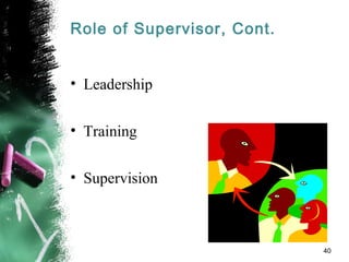 Role of Supervisor, Cont.
• Leadership
• Training
• Supervision
40
 