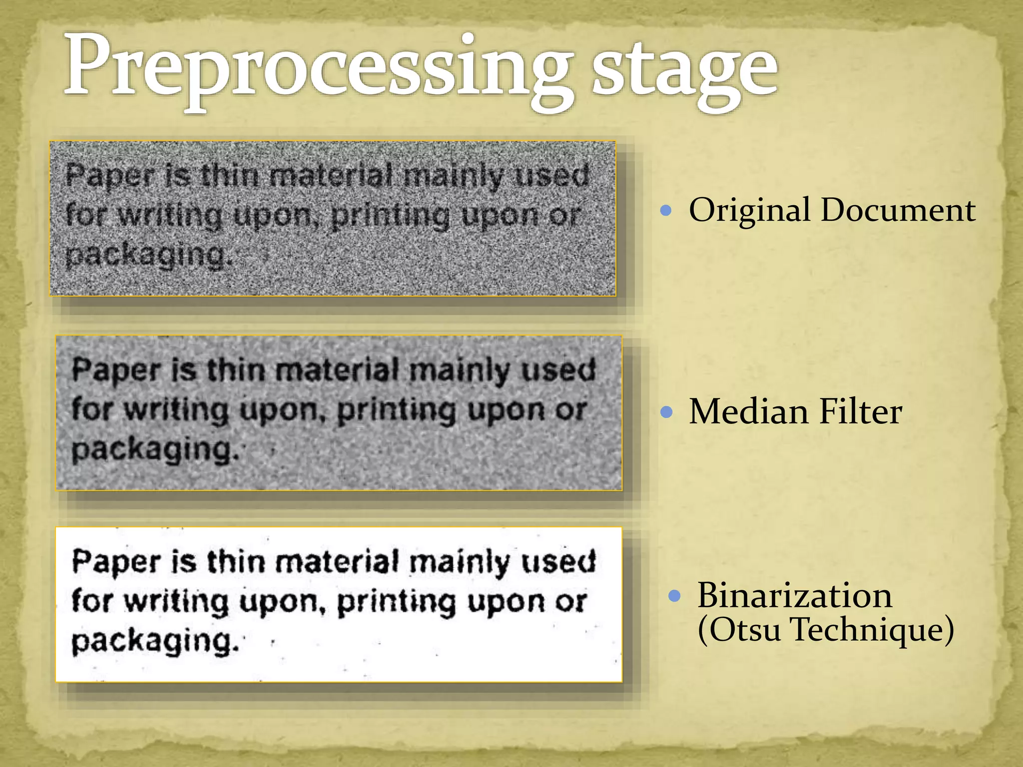  Binarization
(Otsu Technique)
 Original Document
 Median Filter
 