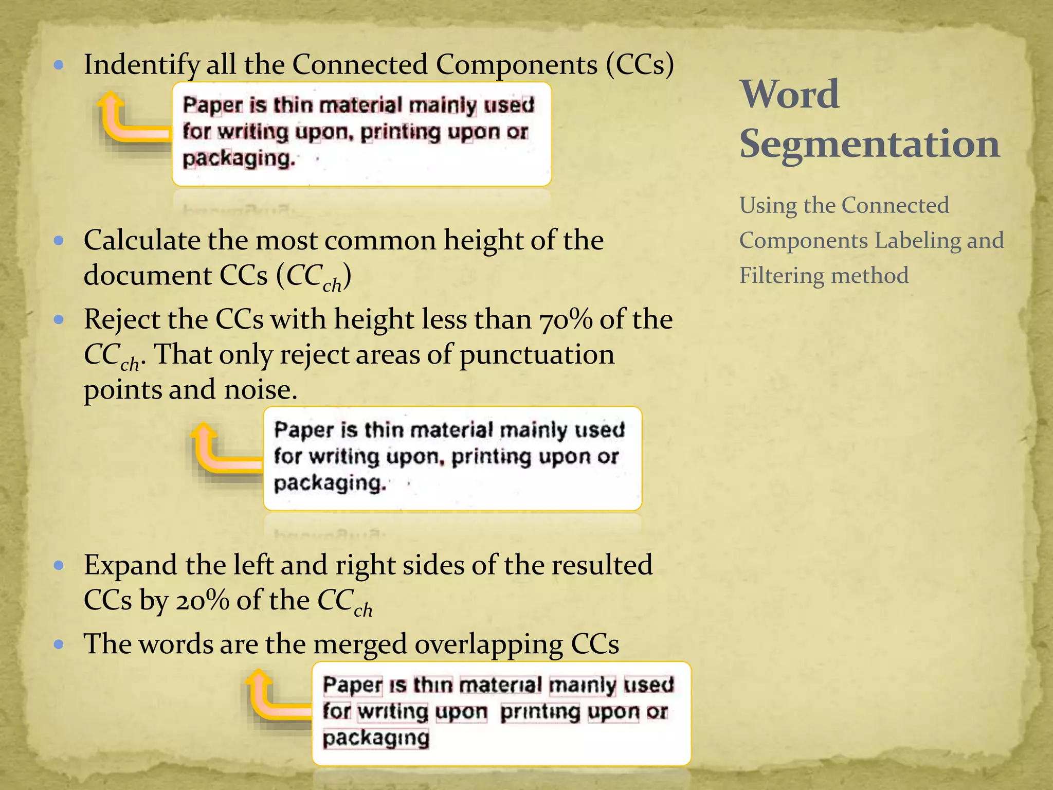 Indentify all the Connected Components (CCs)
 Calculate the most common height of the
document CCs (CCch)
 Reject the CCs with height less than 70% of the
CCch. That only reject areas of punctuation
points and noise.
 Expand the left and right sides of the resulted
CCs by 20% of the CCch
 The words are the merged overlapping CCs
Using the Connected
Components Labeling and
Filtering method
Word
Segmentation
 