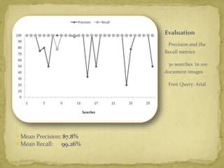 Evaluation
o Precision and the
Recall metrics
o 30 searches in 100
document images
o Font Query: Arial
 Mean Precision: 87.8%
 Mean Recall: 99.26%
 
