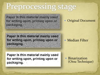  Binarization
(Otsu Technique)
 Original Document
 Median Filter
 
