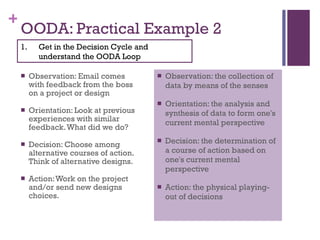 OODA: Practical Example 2 Observation: Email comes with feedback from the boss on a project or design Orientation: Look at previous experiences with similar feedback. What did we do? Decision: Choose among alternative courses of action. Think of alternative designs. Action: Work on the project and/or send new designs choices. Observation: the collection of data by means of the senses Orientation: the analysis and synthesis of data to form one's current mental perspective Decision: the determination of a course of action based on one's current mental perspective Action: the physical playing-out of decisions Get in the Decision Cycle and understand the OODA Loop 