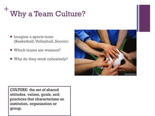Why a Team Culture? Imagine a sports team (Basketball, Volleyball, Soccer) Which teams are winners? Why do they work cohesively?  CULTURE: the set of shared attitudes, values, goals, and practices that characterizes an institution, organization or group. 