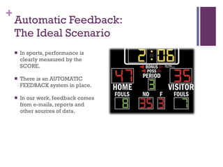 Automatic Feedback: The Ideal Scenario In sports, performance is clearly measured by the SCORE. There is an AUTOMATIC FEEDBACK system in place. In our work, feedback comes from e-mails, reports and other sources of data. 