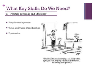 What Key Skills Do We Need? People-management Time and Tasks Coordination Persuasion 3.  Practice Leverage and Efficiency 