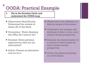 OODA: Practical Example Observation: Read Emails, Understand the context of issues, Be in-the-know. Orientation:  Think- Knowing this, What do I need to do? Decision: Given previous experiences, what are my alternatives? Action: Choose an alternative and act on it. Observation: the collection of data by means of the senses Orientation: the analysis and synthesis of data to form one's current mental perspective Decision: the determination of a course of action based on one's current mental perspective Action: the physical playing-out of decisions Get in the Decision Cycle and understand the OODA Loop 