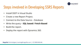Magnifez Technologies| training@magnifez.com | +91 8008 048 446
Steps involved in Developing SSRS Reports
 Install SSDT in Visual Studio
 Create a new Report Project.
 Connect to the Data Source – Database
 Write the query – SQL based / Fetch Based
 Build the report.
 Deploy the report with Dynamics 365
 