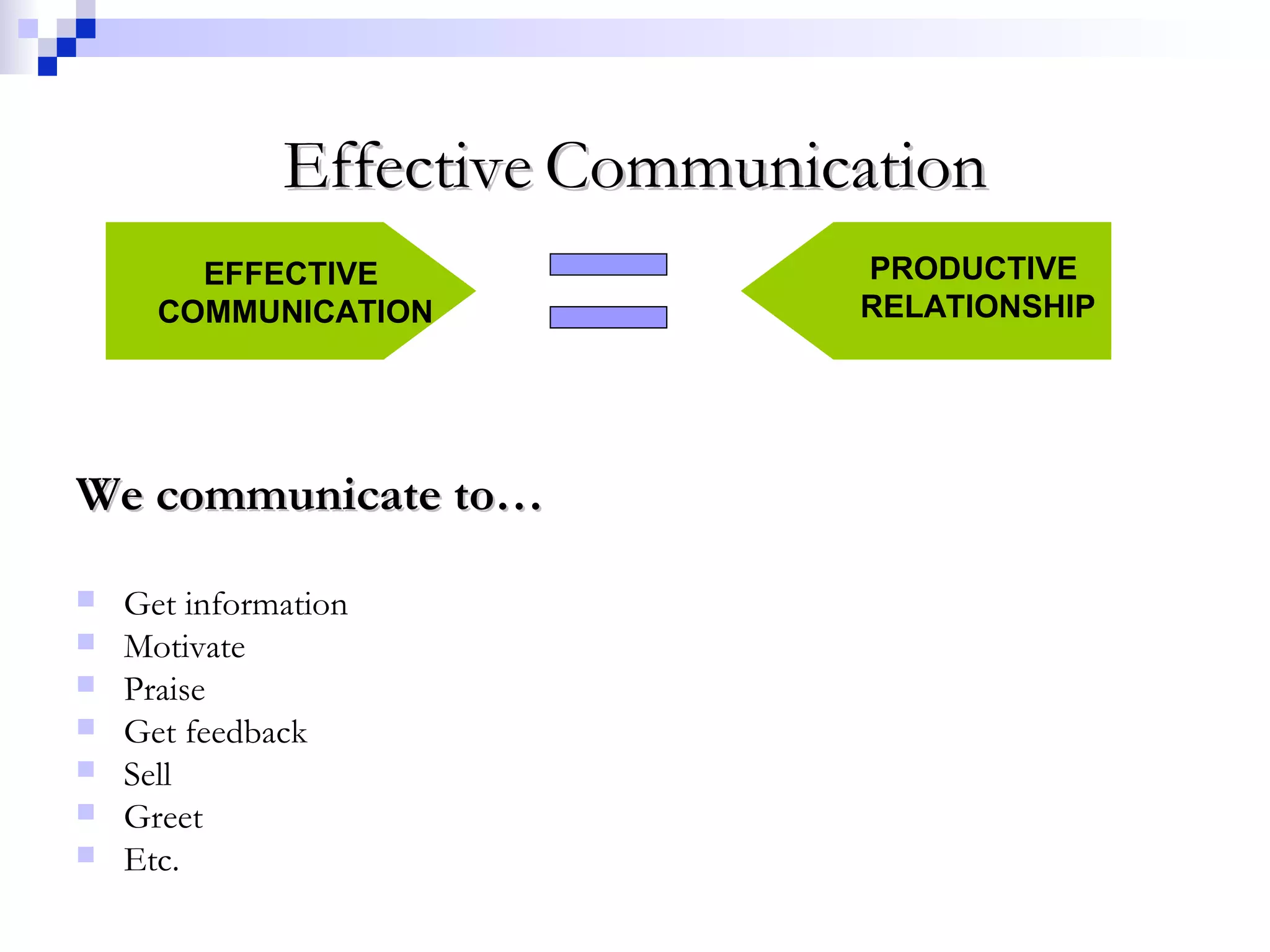 EffectiveEffective CommunicationCommunication
EFFECTIVE
COMMUNICATION
PRODUCTIVE
RELATIONSHIP
We communicate to…We communicate to…
 Get information
 Motivate
 Praise
 Get feedback
 Sell
 Greet
 Etc.
 