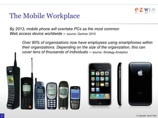 The Mobile WorkplaceBy 2013, mobile phone will overtake PCs as the most common Web access device worldwide – source: Gartner 2010Over 90% of organizations now have employees using smartphones within their organizations. Depending on the size of the organization, this can cover tens of thousands of individuals – source: Strategy Analytics