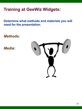 Training at GeeWiz Widgets:
Determine what methods and materials you will
need for the presentation.

Methods:
Media:

21

 