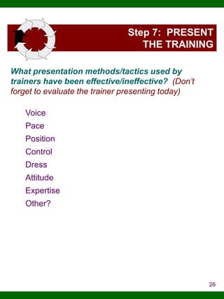 Step 7: PRESENT
THE TRAINING
What presentation methods/tactics used by
trainers have been effective/ineffective? (Don’t
forget to evaluate the trainer presenting today)
Voice
Pace
Position

Control
Dress
Attitude
Expertise

Other?

26

 