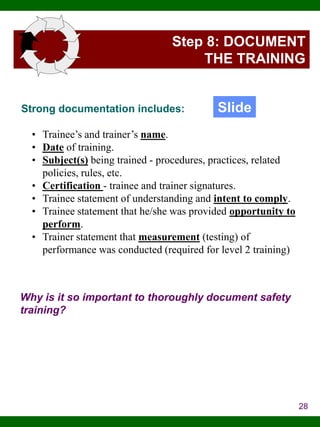 Step 8: DOCUMENT
THE TRAINING

Strong documentation includes:

Slide

• Trainee’s and trainer’s name.
• Date of training.
• Subject(s) being trained - procedures, practices, related
policies, rules, etc.
• Certification - trainee and trainer signatures.
• Trainee statement of understanding and intent to comply.
• Trainee statement that he/she was provided opportunity to
perform.
• Trainer statement that measurement (testing) of
performance was conducted (required for level 2 training)

Why is it so important to thoroughly document safety
training?

28

 
