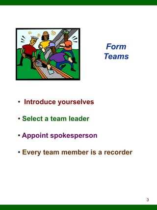 Form
Teams

• Introduce yourselves
• Select a team leader

• Appoint spokesperson
• Every team member is a recorder

3

 