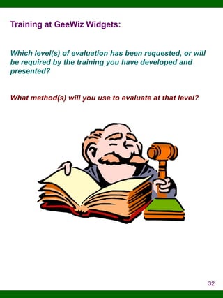 Training at GeeWiz Widgets:

Which level(s) of evaluation has been requested, or will
be required by the training you have developed and
presented?

What method(s) will you use to evaluate at that level?

32

 
