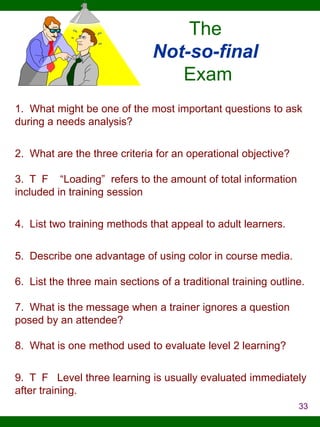 The
Not-so-final
Exam
1. What might be one of the most important questions to ask
during a needs analysis?
2. What are the three criteria for an operational objective?
3. T F “Loading” refers to the amount of total information
included in training session
4. List two training methods that appeal to adult learners.
5. Describe one advantage of using color in course media.
6. List the three main sections of a traditional training outline.
7. What is the message when a trainer ignores a question
posed by an attendee?

8. What is one method used to evaluate level 2 learning?
9. T F Level three learning is usually evaluated immediately
after training.
33

 