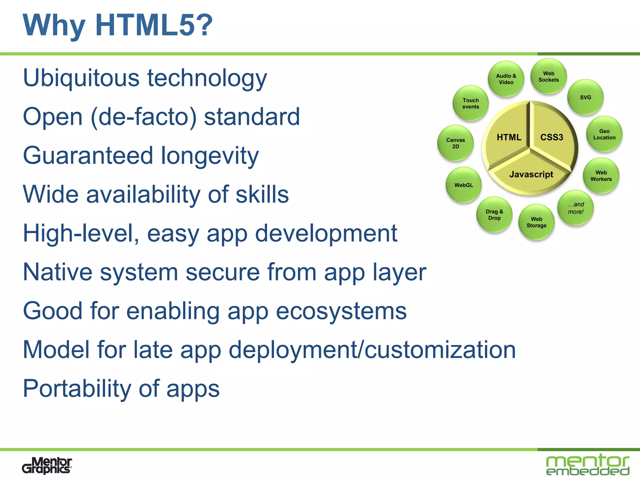Why HTML5?
Ubiquitous technology                                  Audio &
                                                        Video
                                                                      Web
                                                                     Sockets


                                                                                  SVG
                                           Touch
                                           events


Open (de-facto) standard                                                                  Geo
                                      Canvas           HTML          CSS3               Location
                                        2D

Guaranteed longevity                                                                    Web
                                                             Javascript                Workers
                                        WebGL

Wide availability of skills                         Drag &
                                                                               …and
                                                                               more!
                                                     Drop         Web
                                                                 Storage

High-level, easy app development
Native system secure from app layer
Good for enabling app ecosystems
Model for late app deployment/customization
Portability of apps
 