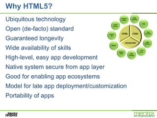 Why HTML5?
Ubiquitous technology                                  Audio &
                                                        Video
                                                                      Web
                                                                     Sockets


                                                                                  SVG
                                           Touch
                                           events


Open (de-facto) standard                                                                  Geo
                                      Canvas           HTML          CSS3               Location
                                        2D

Guaranteed longevity                                                                    Web
                                                             Javascript                Workers
                                        WebGL

Wide availability of skills                         Drag &
                                                                               …and
                                                                               more!
                                                     Drop         Web
                                                                 Storage

High-level, easy app development
Native system secure from app layer
Good for enabling app ecosystems
Model for late app deployment/customization
Portability of apps
 