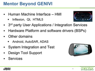 Mentor Beyond GENIVI

   Human Machine Interface – HMI
       Inflexion, Qt, HTML5
   3rd party User Applications / Integration Services
   Hardware Platform and software drivers (BSPs)
   Other domains
       Android, AutoSAR, ADAS
   System Integration and Test
   Design Tool Support
   Services

                                            21
 