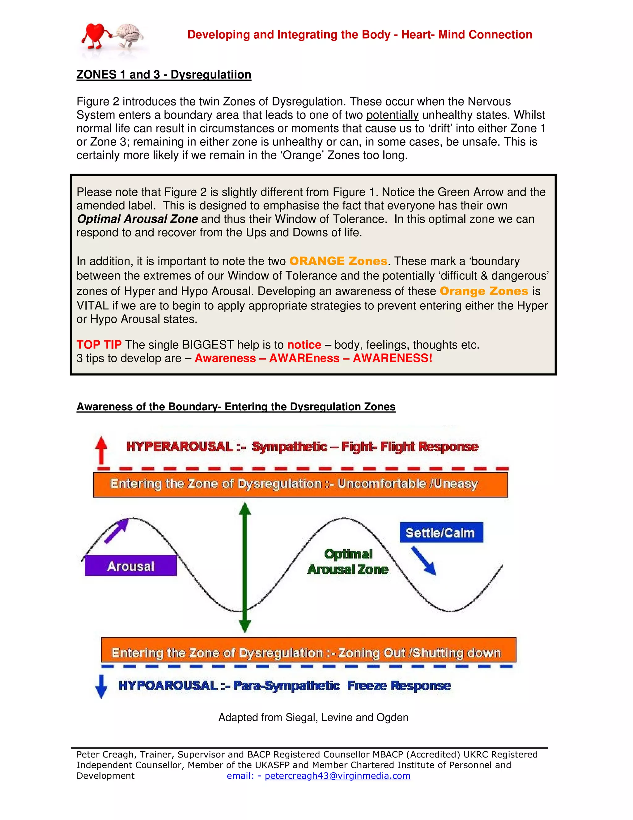 Developing and Integrating the Body - Heart- Mind Connection
Peter Creagh, Trainer, Supervisor and BACP Registered Counsellor MBACP (Accredited) UKRC Registered
Independent Counsellor, Member of the UKASFP and Member Chartered Institute of Personnel and
Development email: - petercreagh43@virginmedia.com
ZONES 1 and 3 - Dysregulatiion
Figure 2 introduces the twin Zones of Dysregulation. These occur when the Nervous
System enters a boundary area that leads to one of two potentially unhealthy states. Whilst
normal life can result in circumstances or moments that cause us to ‘drift’ into either Zone 1
or Zone 3; remaining in either zone is unhealthy or can, in some cases, be unsafe. This is
certainly more likely if we remain in the ‘Orange’ Zones too long.
Please note that Figure 2 is slightly different from Figure 1. Notice the Green Arrow and the
amended label. This is designed to emphasise the fact that everyone has their own
Optimal Arousal Zone and thus their Window of Tolerance. In this optimal zone we can
respond to and recover from the Ups and Downs of life.
In addition, it is important to note the two ORANGE Zones. These mark a ‘boundary
between the extremes of our Window of Tolerance and the potentially ‘difficult & dangerous’
zones of Hyper and Hypo Arousal. Developing an awareness of these Orange Zones is
VITAL if we are to begin to apply appropriate strategies to prevent entering either the Hyper
or Hypo Arousal states.
TOP TIP The single BIGGEST help is to notice – body, feelings, thoughts etc.
3 tips to develop are – Awareness – AWAREness – AWARENESS!
Awareness of the Boundary- Entering the Dysregulation Zones
Adapted from Siegal, Levine and Ogden
 