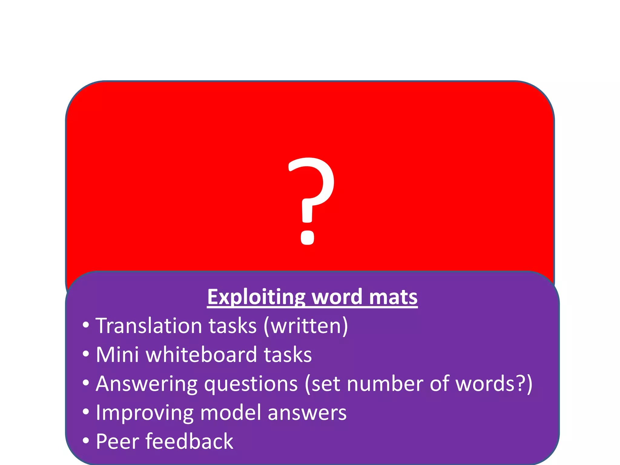 ?
Exploiting word mats
• Translation tasks (written)
• Mini whiteboard tasks
• Answering questions (set number of words?)
• Improving model answers
• Peer feedback

 